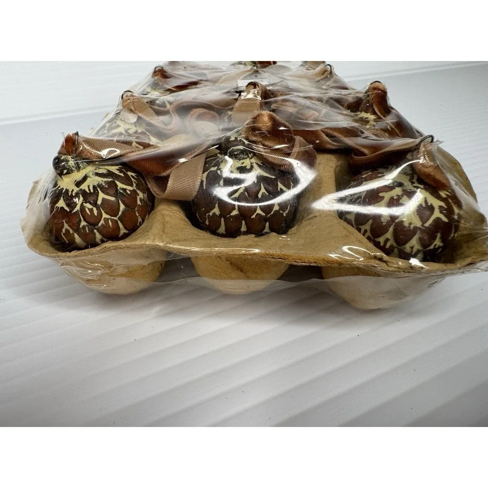 Pottery Barn Set of 12 Acorn Pine Cone Christmas Ornaments Velvet Ribbon NIP